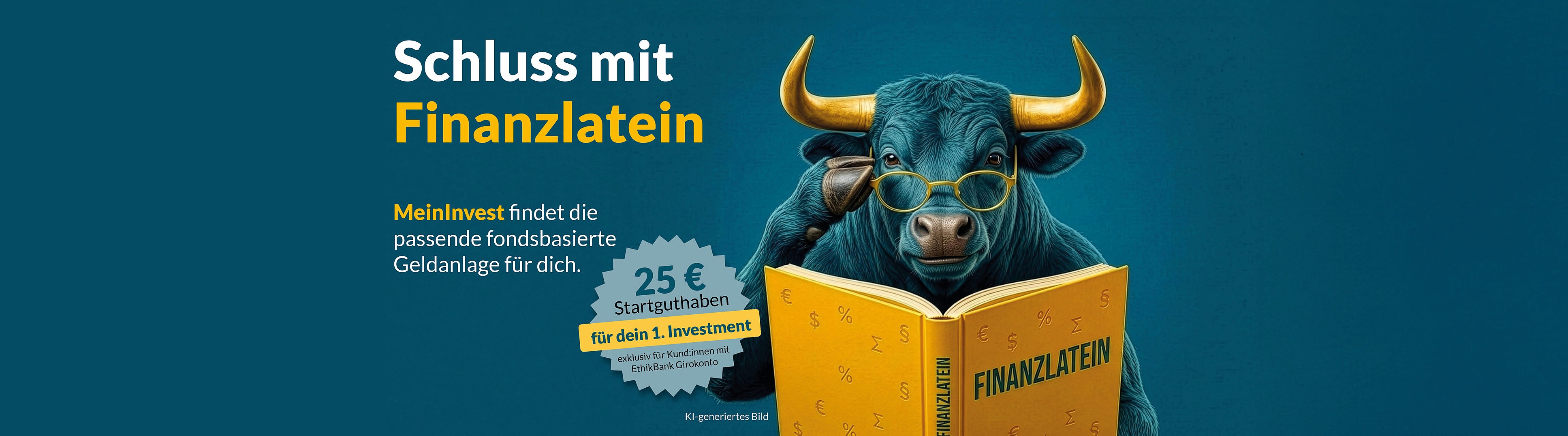 Ein schwarzer Bulle mit gelben Hörnern und Brille auf der Nase schaut in ein Buch mit der Aufschrift Finanzlatein