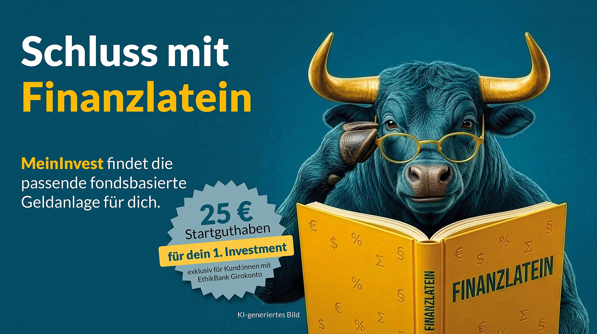 Ein schwarzer Bulle mit gelben Hörnern und Brille auf der Nase schaut in ein Buch mit der Aufschrift Finanzlatein