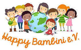 Logo des Happy Bambini e.V. - Illustration Kinder aller Nationen um die Erdkugel