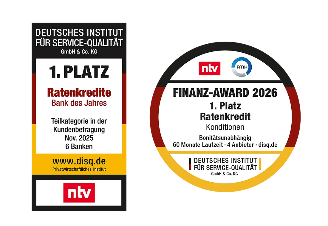Auszeichnungen "Bester Ratenkredit" und "Bank des Jahres Ratenkredite"