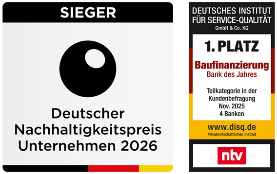 Siegel Deutscher Nachhaltigkeitspreis 2026 und Disq Bank des Jahres Baufinanzierung