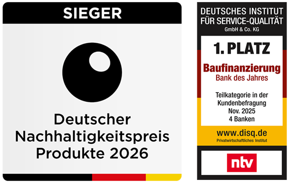 Siegel Deutscher Nachhaltigkeitspreis 2026 und Disq Bank des Jahres Baufinanzierung