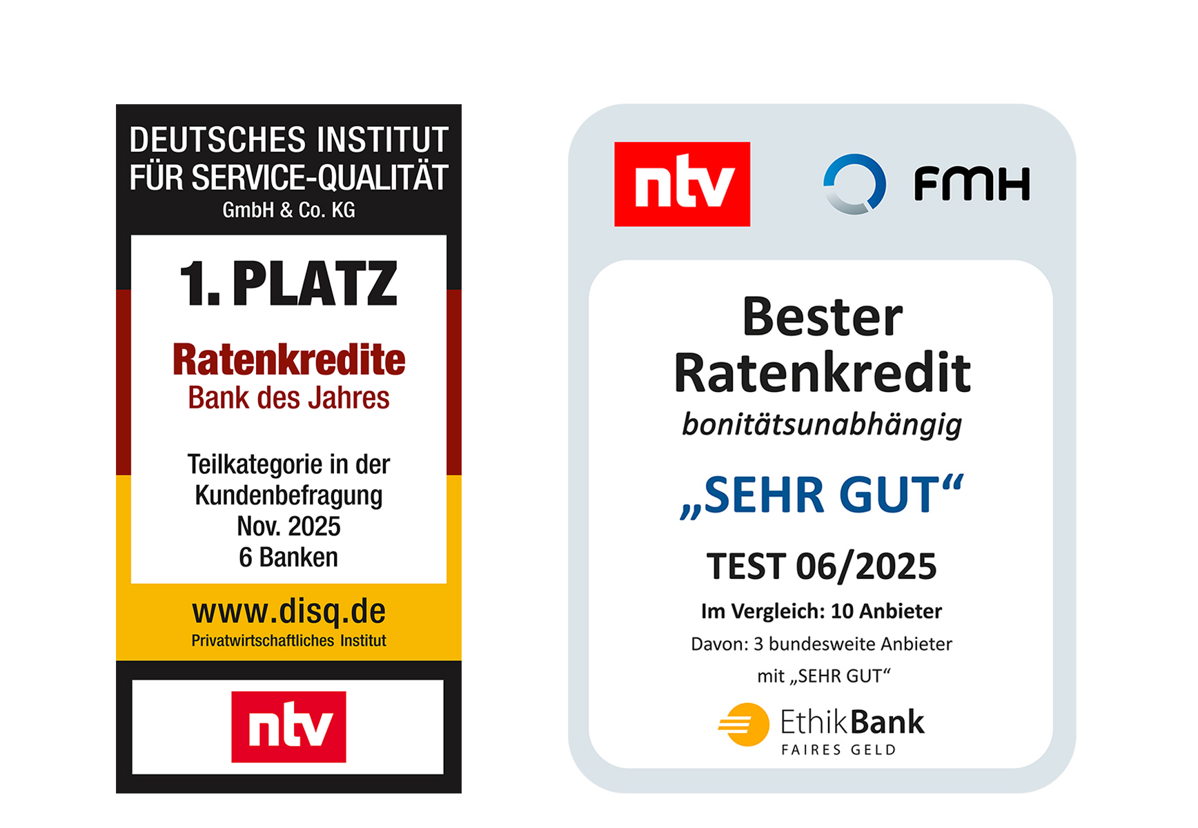Auszeichnungen "Bester Ratenkredit" und "Bank des Jahres Ratenkredite"