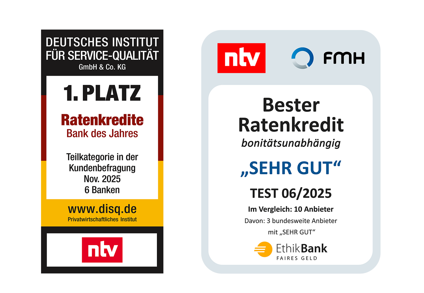 Auszeichnungen "Bester Ratenkredit" und "Bank des Jahres Ratenkredite"